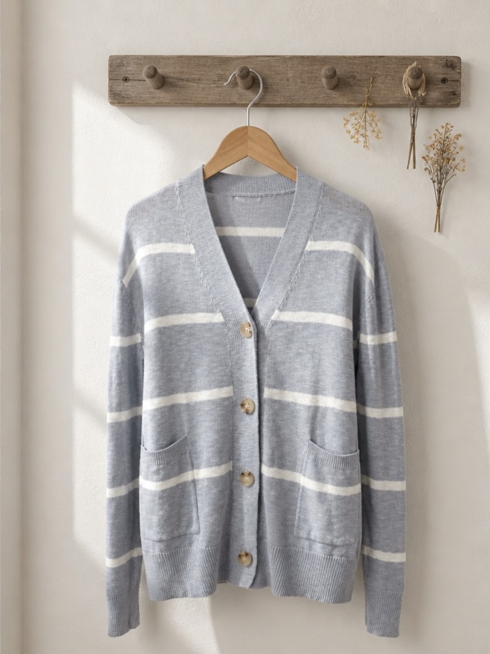 Becool Women’s M/L Light Blue White Stripe Knit Cardigan Sweater Preppy Neutral